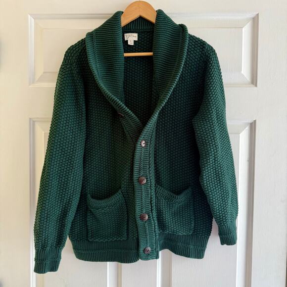 J. Crew Chunky Knit Cardigan Sweater Shawl Collar Forest Green Cotton Size Large - Picture 1 of 6